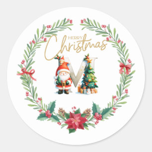 Pegatina Redonda Monograma M, Navidades Wreath con Santa Claus