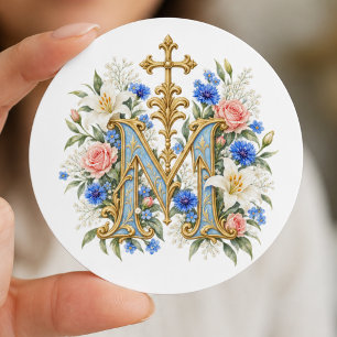 Pegatina Redonda Monograma Mariano Católico Floral Azul 