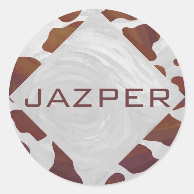 Pegatina Redonda Monograma marrón y blanco de vaca (Anverso)