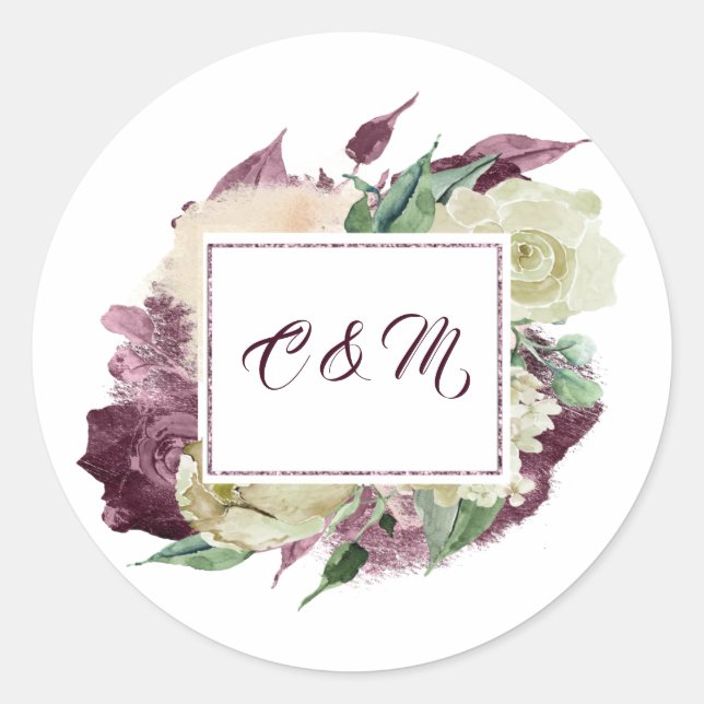 Pegatina Redonda Monograma Marsala Borgoña Moneda Rosas Blancas (Anverso)