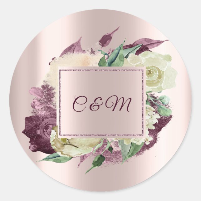 Pegatina Redonda Monograma Marsala Floral Marfil Rosa Dorado (Anverso)