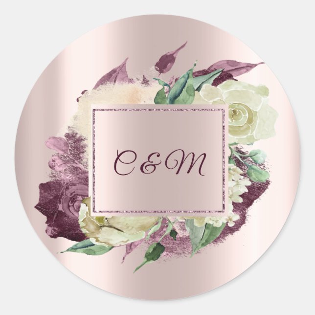 Pegatina Redonda Monograma Marsala Floral Marfil Rosa Oro (Anverso)