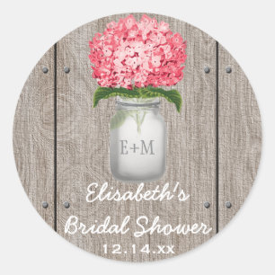 Pegatina Redonda Monograma Mason Jar Fuchsia Hydrangea Bridal Showe
