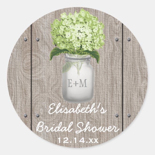 Pegatina Redonda Monograma Mason Jar Green Hydrangea Bridal Shower (Anverso)