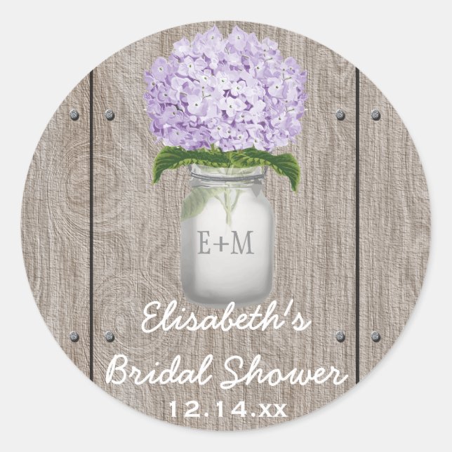 Pegatina Redonda Monograma Mason Jar Purple Hydrangea Bridal Shower (Anverso)