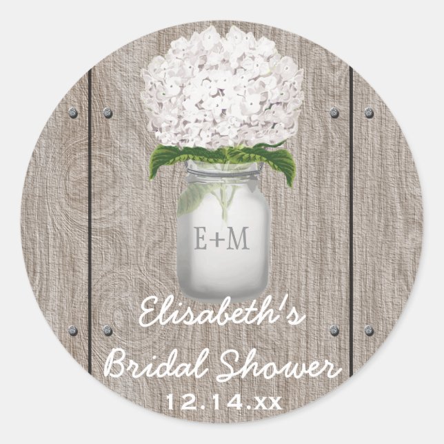 Pegatina Redonda Monograma Mason Jar White Hydrangea Bridal Shower (Anverso)