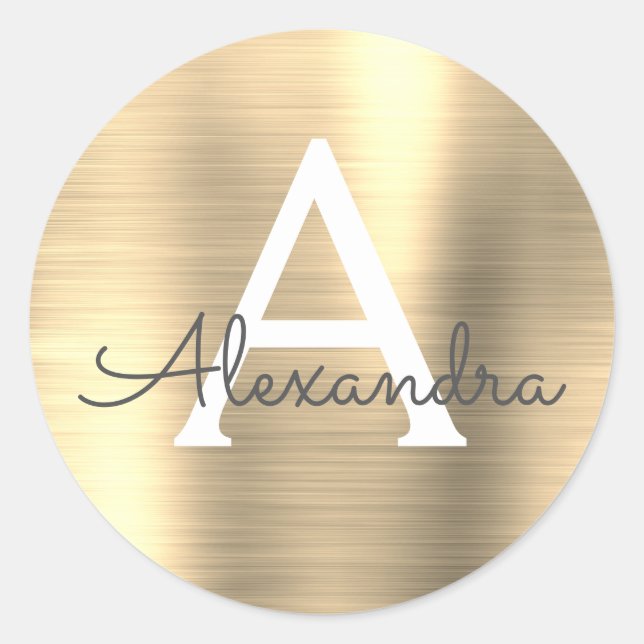 Pegatina Redonda Monograma metálico moderno de Girly Gold (Anverso)