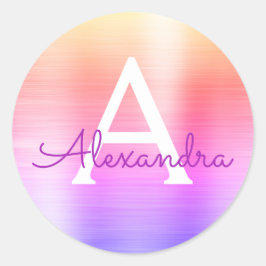 Pegatina Redonda Monograma metálico morado y rosado