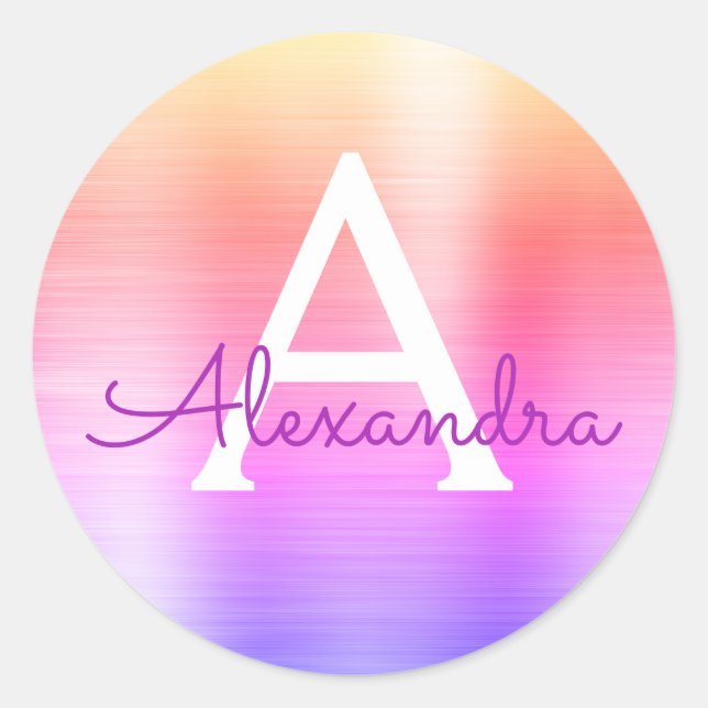 Pegatina Redonda Monograma metálico morado y rosado (Anverso)