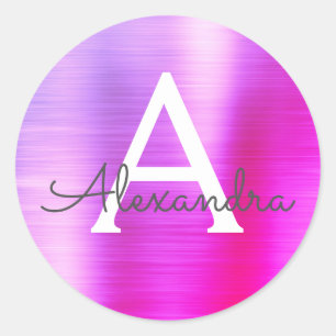 Pegatina Redonda Monograma metálico morado y rosado