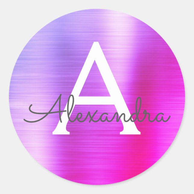 Pegatina Redonda Monograma metálico morado y rosado (Anverso)