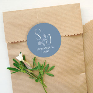 Pegatina Redonda Monograma Minimalista floral azul simple boda