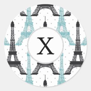 Pegatina Redonda Monograma Moda Aqua Patrón Torre Eiffel
