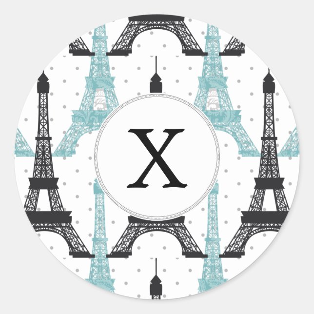 Pegatina Redonda Monograma Moda Aqua Patrón Torre Eiffel (Anverso)