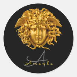 Pegatina Redonda Monograma Moda Máscara de Medusa de oro francés