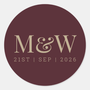 Pegatina Redonda Monograma moderno Burgundy Gold Bride Groom