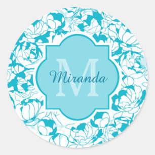 Pegatina Redonda Monograma moderno con flor turquesa con nombre