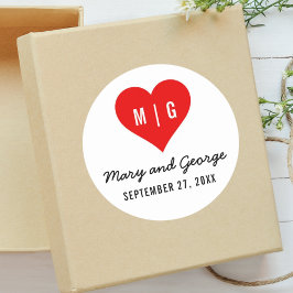 Pegatina Redonda Monograma Moderno Corazón Personalizado Boda Salva