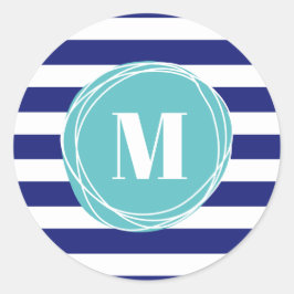 Pegatina Redonda Monograma Moderno De Bandas Azules Y Aqua