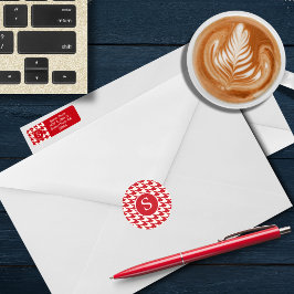 Pegatina Redonda Monograma moderno de cerezo de gala dorada rojo y 