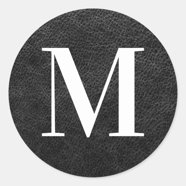 Pegatina Redonda Monograma moderno de cuero negro falso (Anverso)