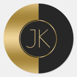 Pegatina Redonda Monograma moderno de diseño geométrico de oro y ne