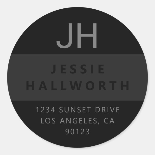 Pegatina Redonda Monograma moderno de estilo negro y gris (Anverso)