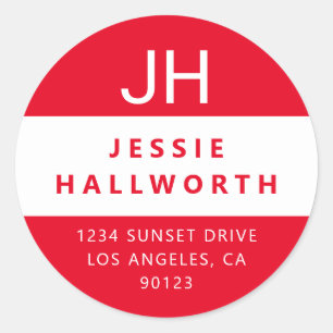 Pegatina Redonda Monograma moderno de estilo rojo y blanco