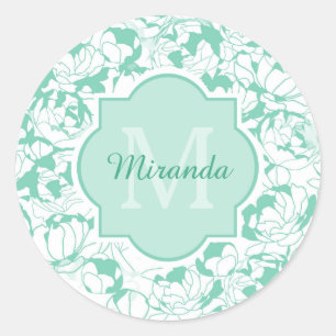 Pegatina Redonda Monograma moderno de floral verde de la menta con