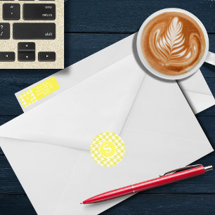 Pegatina Redonda Monograma moderno de limón amarillo y blanco con d