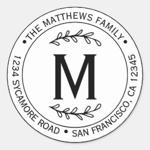 Pegatina Redonda Monograma moderno de nombre de familia simple