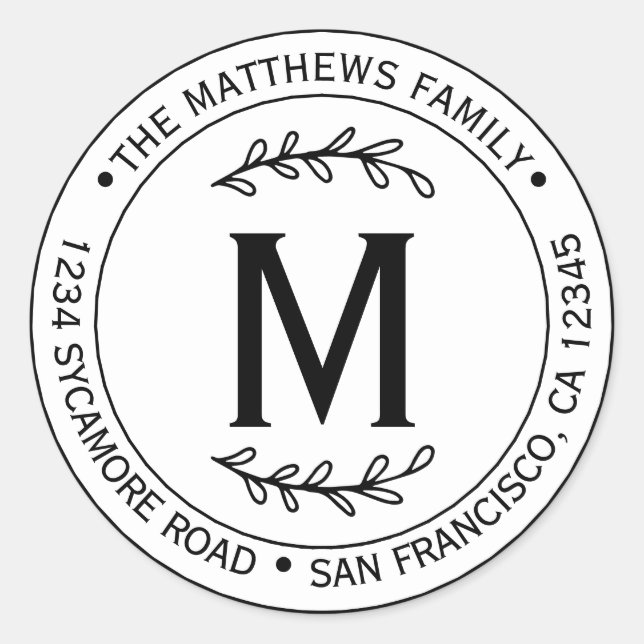 Pegatina Redonda Monograma moderno de nombre de familia simple (Anverso)