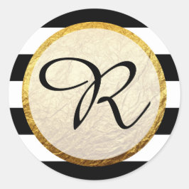 Pegatina Redonda Monograma moderno Faux Gold Black Stripe