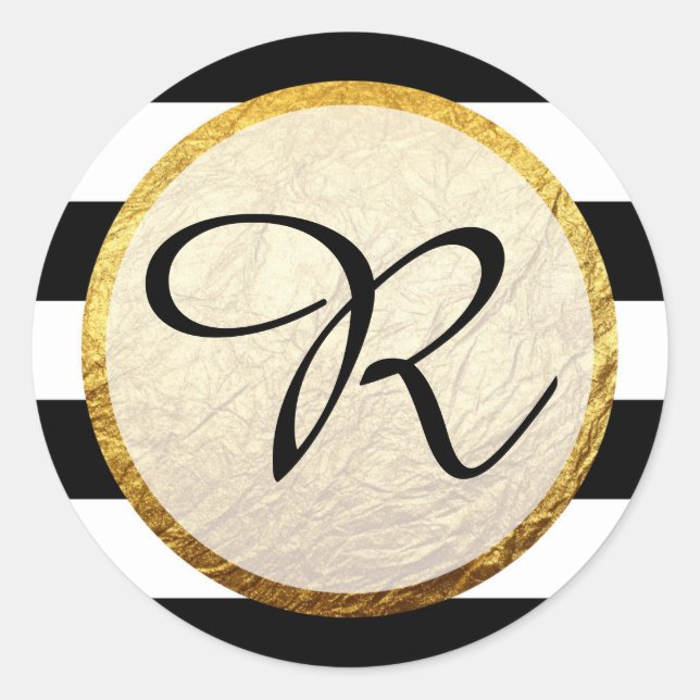 Pegatina Redonda Monograma moderno Faux Gold Black Stripe (Anverso)