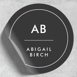 Pegatina Redonda Monograma Moderno Mínimo Simple Blanco y Negro