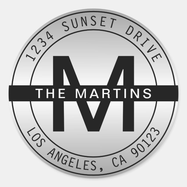 Pegatina Redonda Monograma moderno y dirección circular | Gris grad (Anverso)