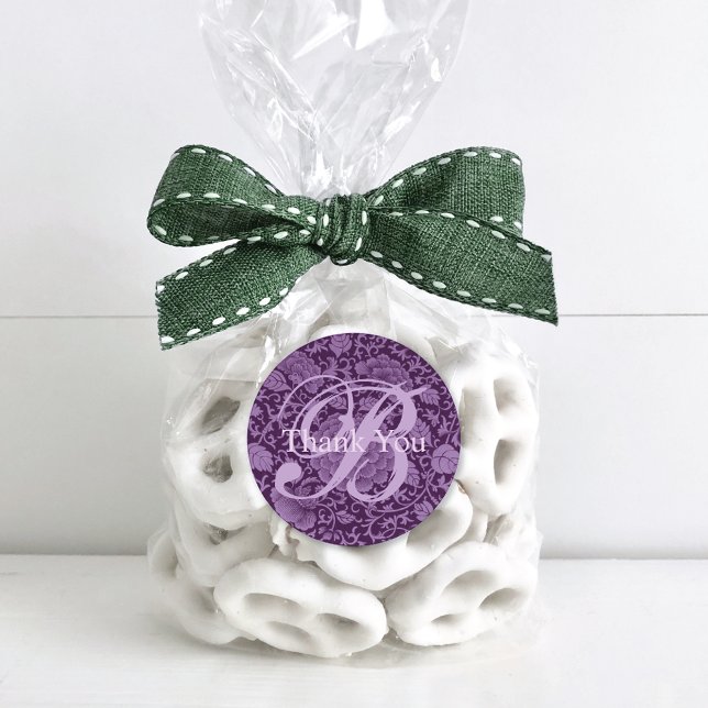 Pegatina Redonda Monograma morado de brocado floral (Subido por el creador)