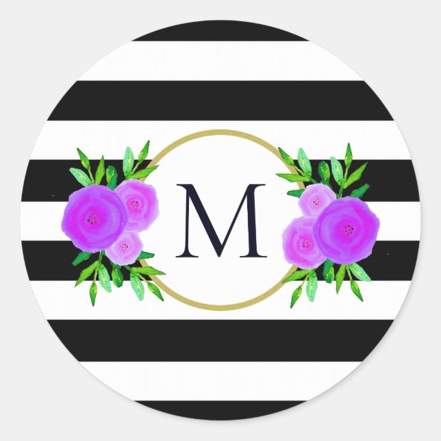 Pegatina Redonda Monograma morado de flor blanco trenzado blanco y  (Anverso)