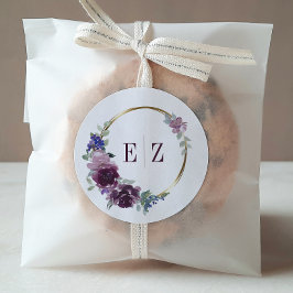 Pegatina Redonda Monograma Morado Floral Boho Boda del marco dorado