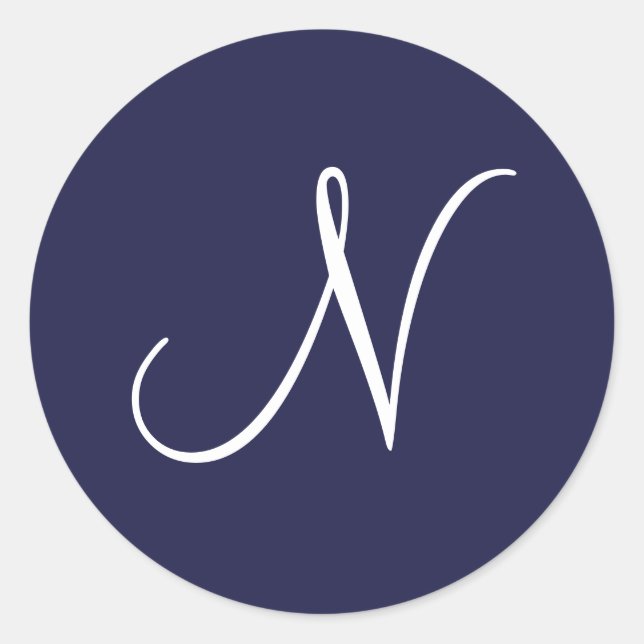 Pegatina Redonda Monograma N, blanco sobre azul marino, (Anverso)