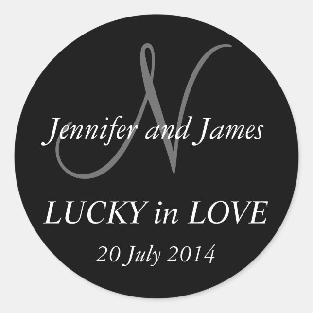 Pegatina Redonda Monograma N Pegatinas para Bodas Negro (Anverso)