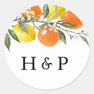 Pegatina Redonda Monograma Naranja botánico y Boda limón