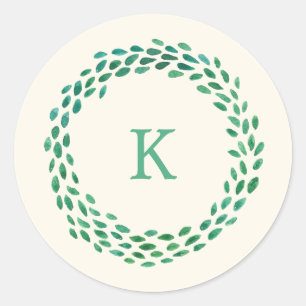 Pegatina Redonda Monograma Navidades de acuarela verde Wreath Ivory