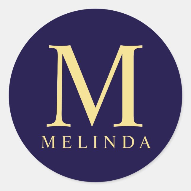 Pegatina Redonda Monograma Navy Blue y Gold Elegant (Anverso)