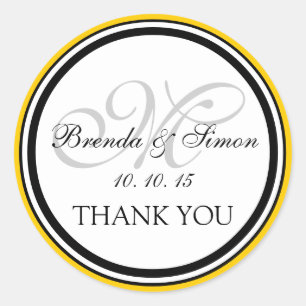 Pegatina Redonda Monograma negro amarillo M Boda Gracias