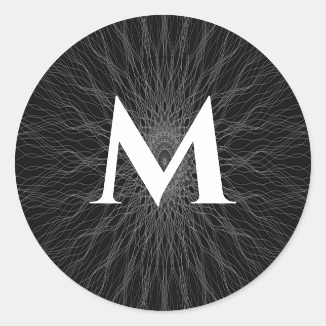 Pegatina Redonda Monograma negro de ondas de cadena gris (Anverso)