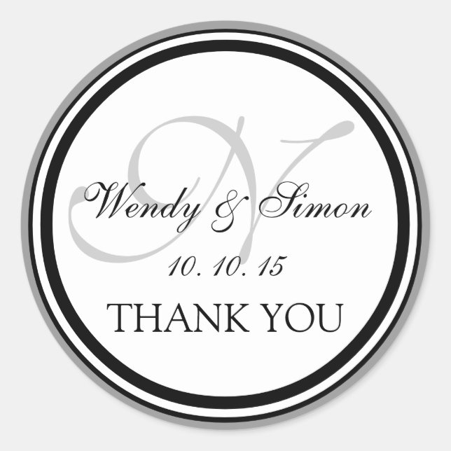 Pegatina Redonda Monograma negro gris N Boda Gracias (Anverso)