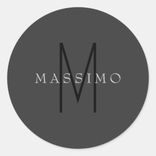 Pegatina Redonda Monograma Negro Profesional Gris Tu Nombre