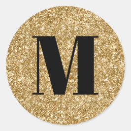 Pegatina Redonda Monograma negro sobre Purpurina de oro falso