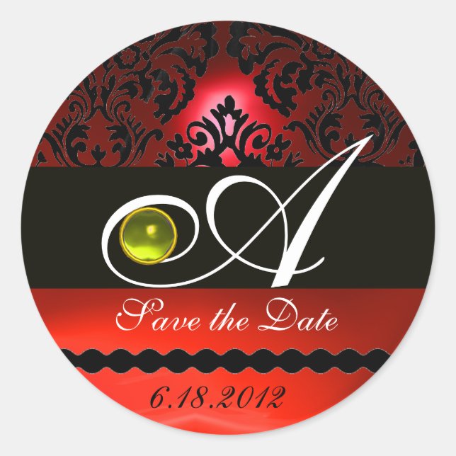 Pegatina Redonda MONOGRAMA NEGRO Y ROJO DAMASCO, Topacio Amarillo (Anverso)